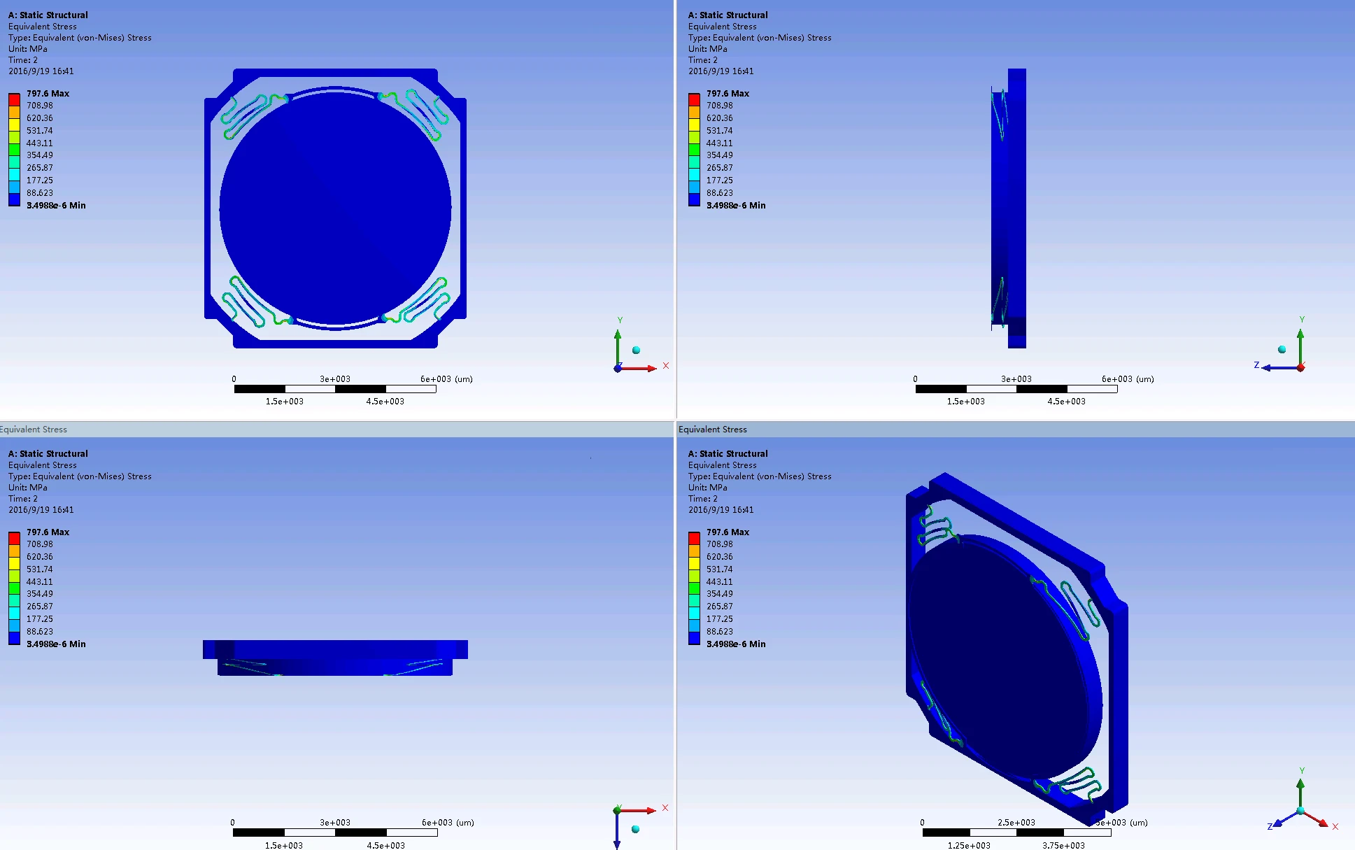 Front view of actuator spring-stress simulation